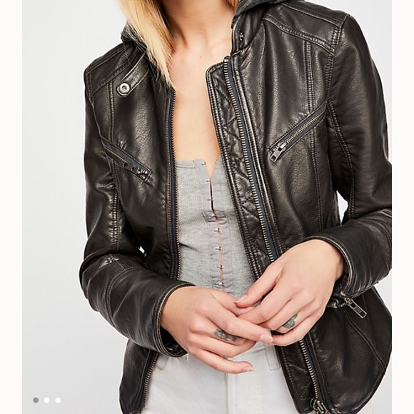 Free People Leather Jacket with Hood - Picture 1 of 8